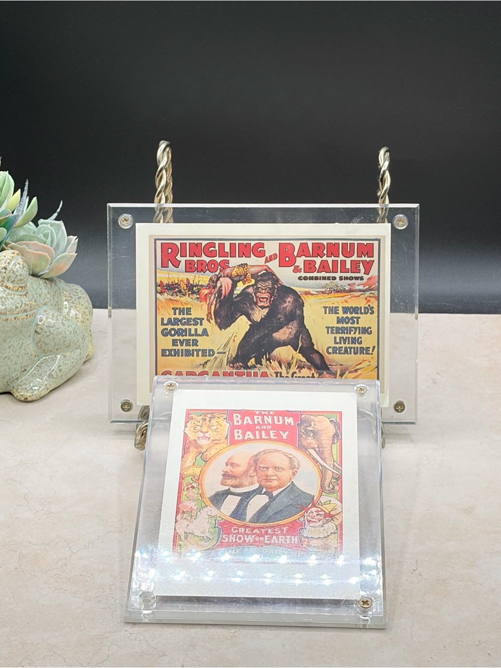 Set Of 2 Barnum And Bailey Postcards In Acrylic Frames 1980's 5x7